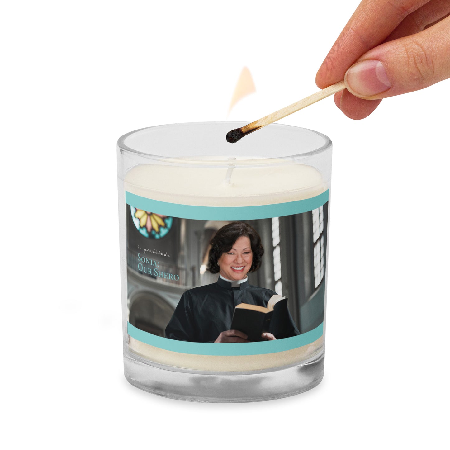 Our Shero Justice Sonia Sotomayor: Glass unscented soy wax candle