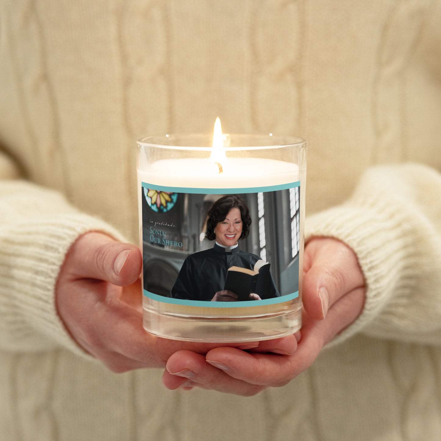 Our Shero Justice Sonia Sotomayor: Glass unscented soy wax candle