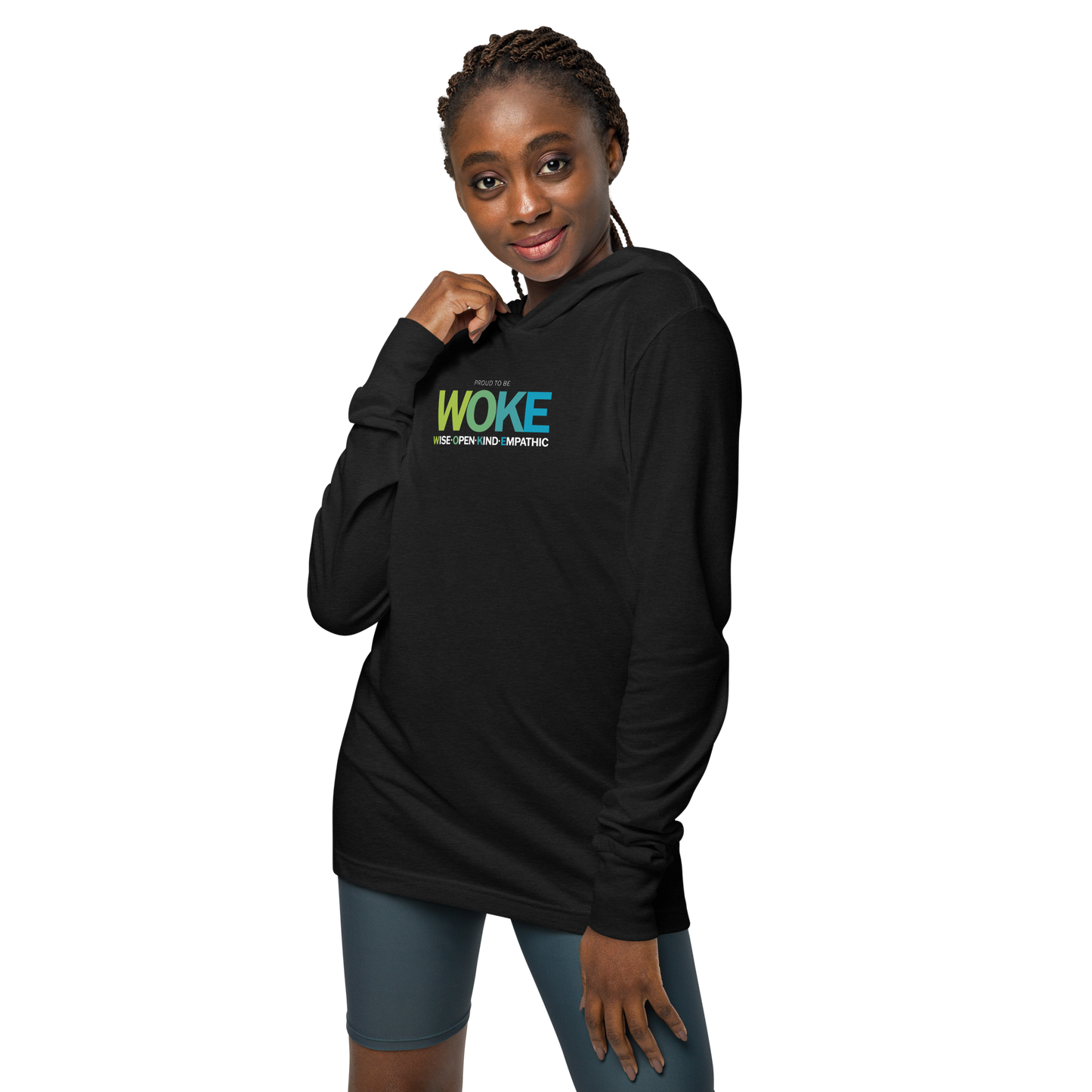 Reclaim WOKE: Wise. Open. Kind. Empathic. Unisex lightweight hooded long-sleeve tee